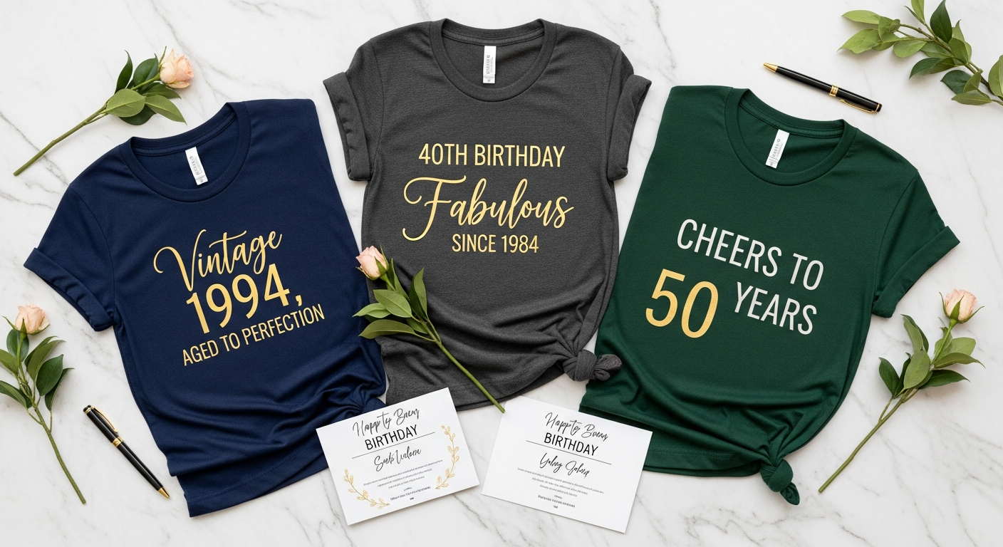 Milestone birthday custom t-shirts featuring 30th 40th and 50th birthday designs