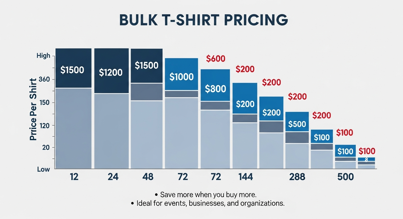 Infographic showing bulk pricing tier discounts for custom t-shirt orders