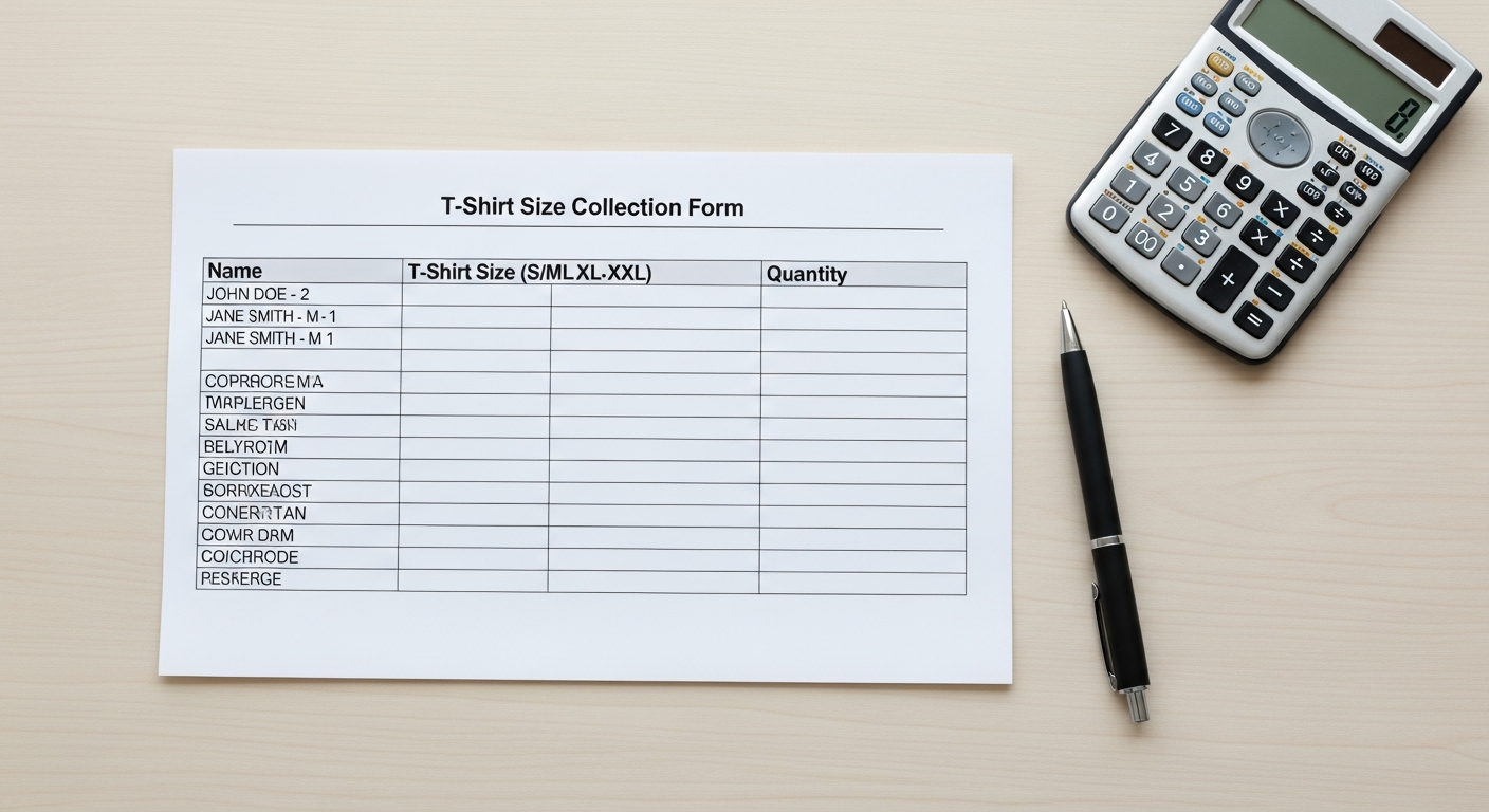 Sample spreadsheet template for collecting t-shirt sizes from a large group