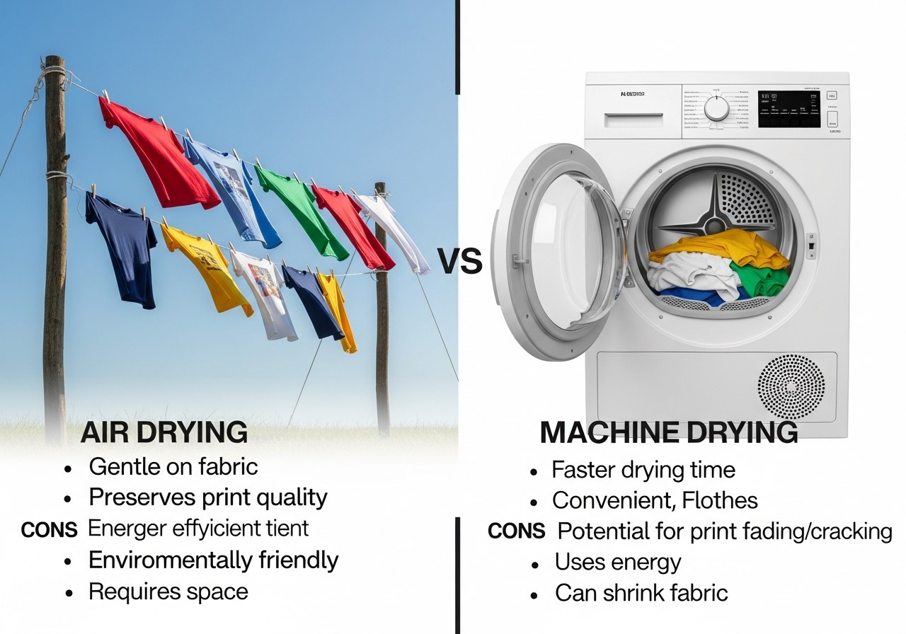 Drying methods comparison showing air dry, low heat tumble dry, and flat dry options