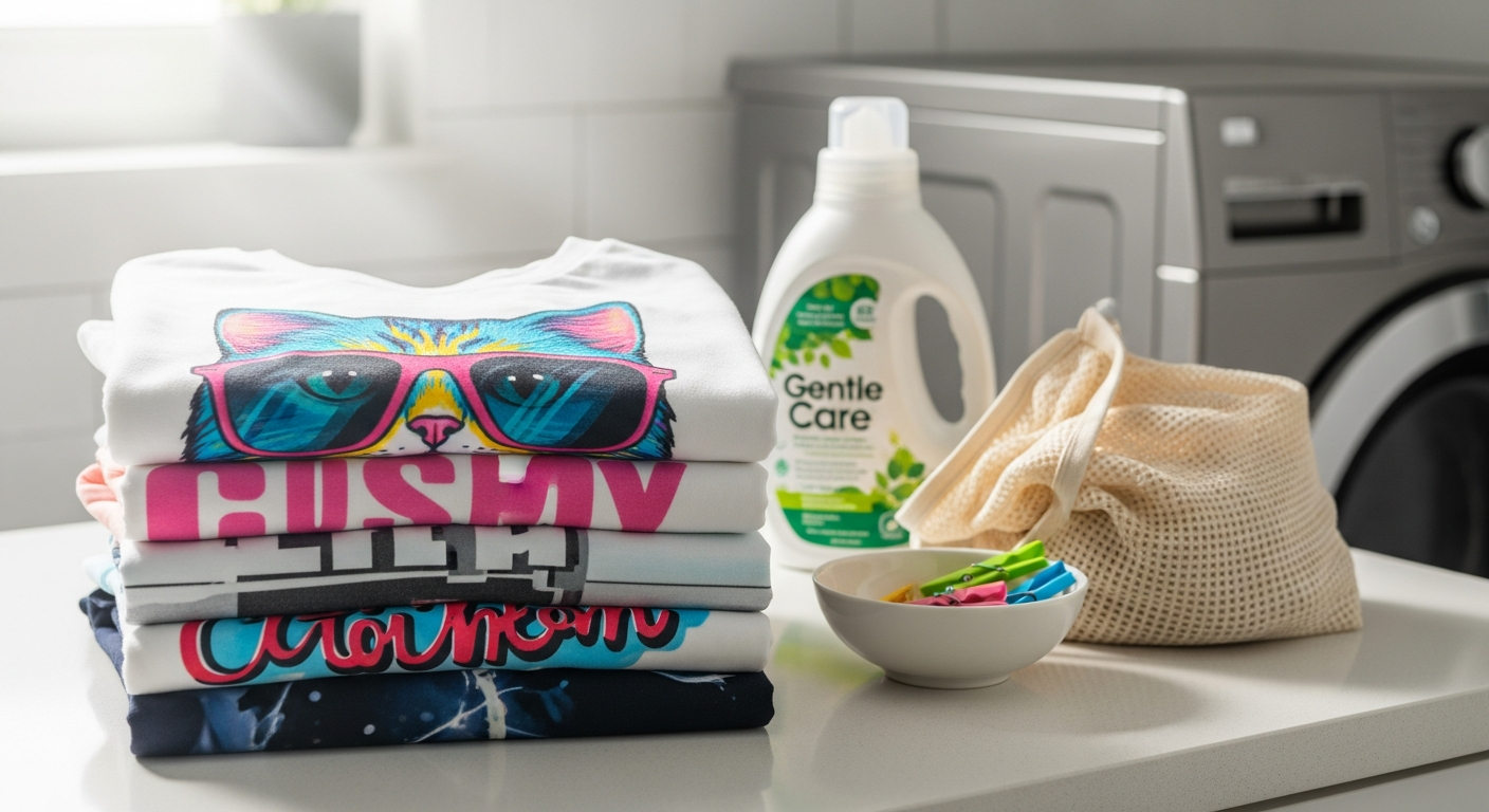 Custom printed t-shirt care guide showing washing, drying, and storage best practices