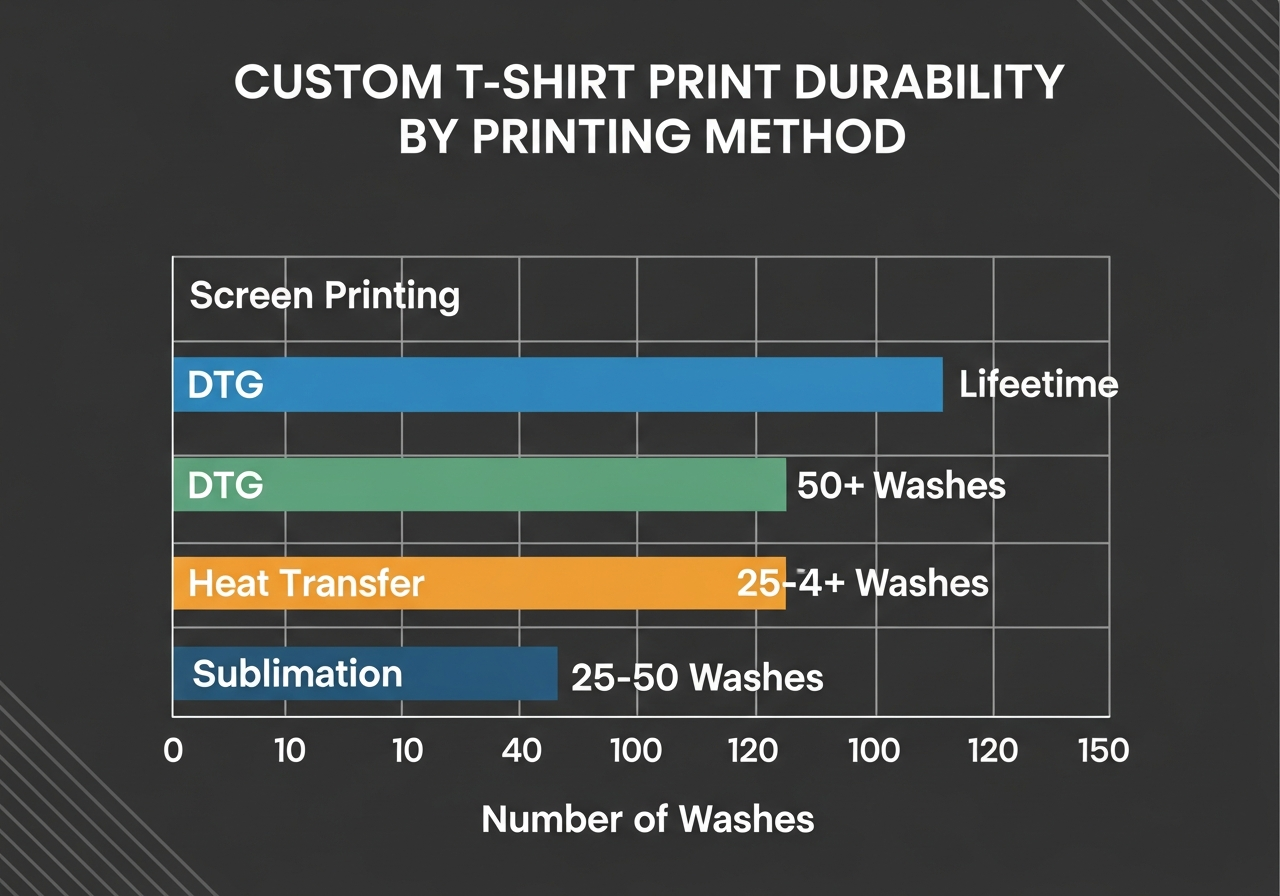 Print durability comparison chart by printing method showing expected wash counts
