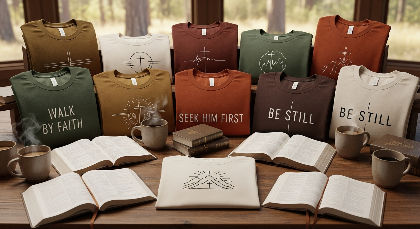 Church retreat custom t-shirts with nature-inspired designs and scripture references
