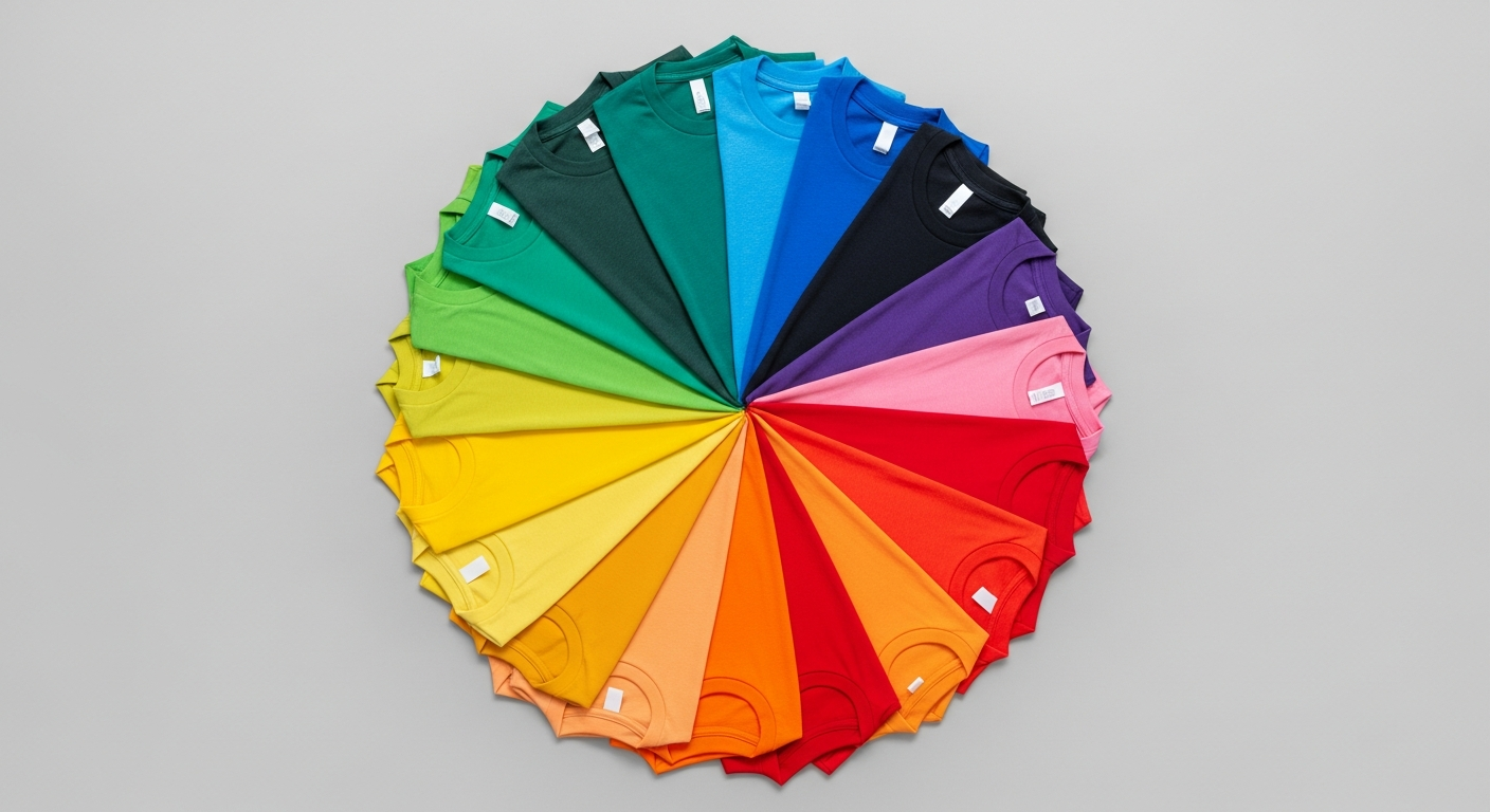 Vibrant color wheel next to custom t-shirts showing different color scheme examples