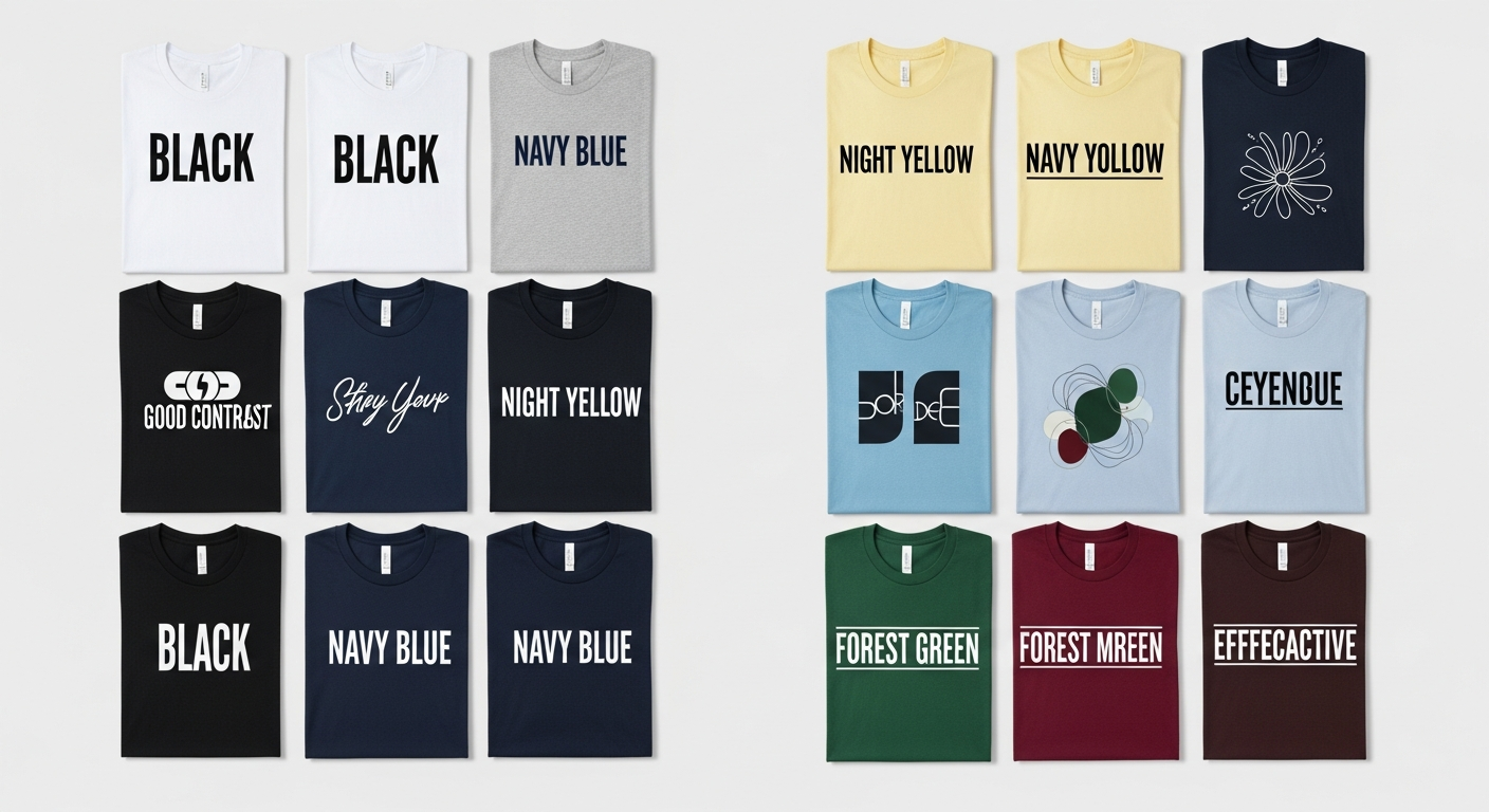 Side-by-side comparison of ink colors on light and dark t-shirts showing contrast levels