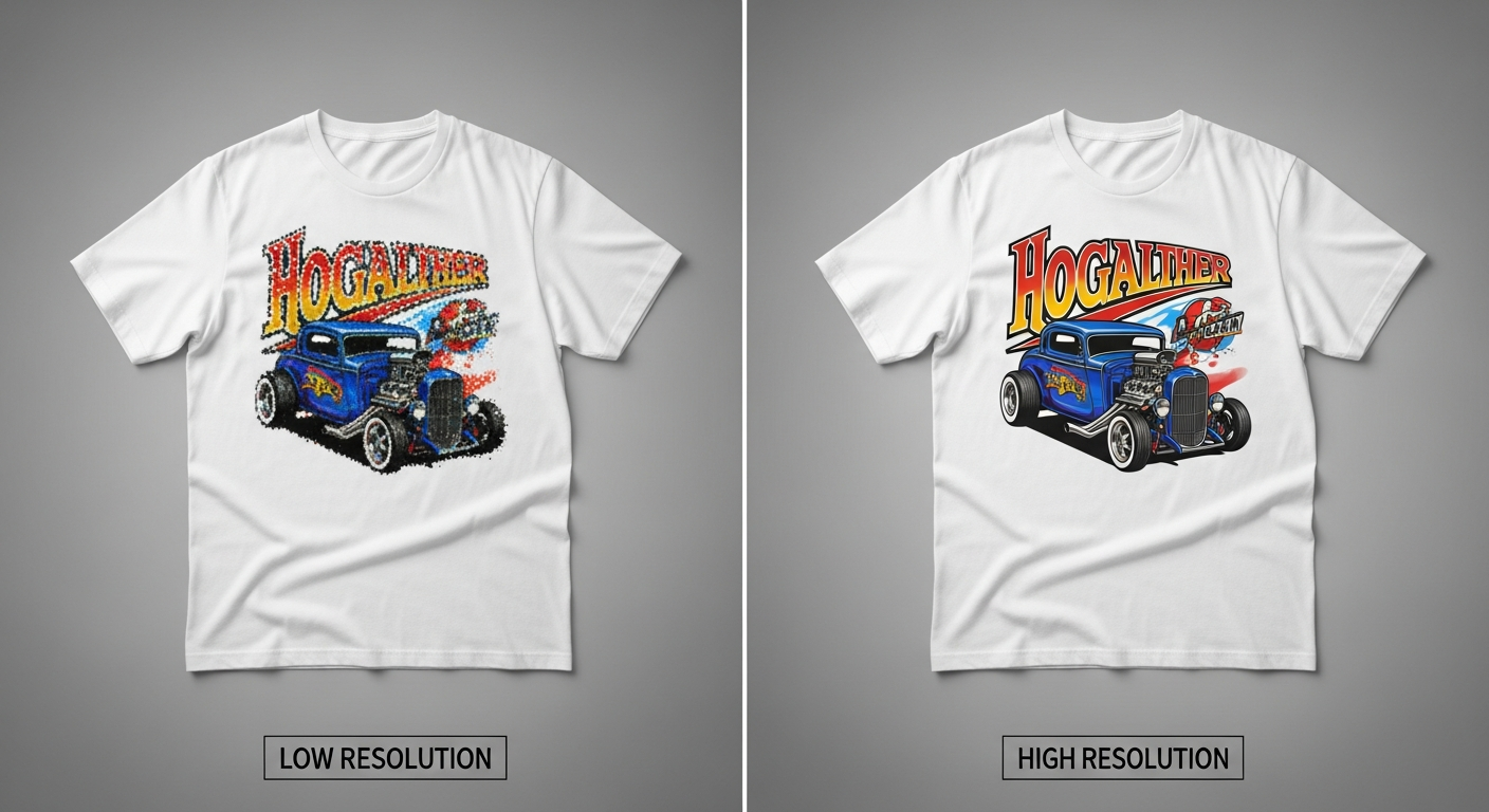 Comparison of low resolution pixelated print versus high resolution sharp print on t-shirts