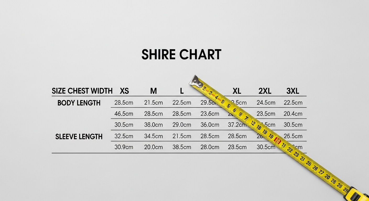 T-shirt sizing chart showing chest width and body length measurements by size