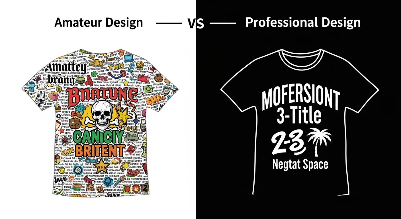 Side-by-side comparison of amateur versus professional custom t-shirt design composition