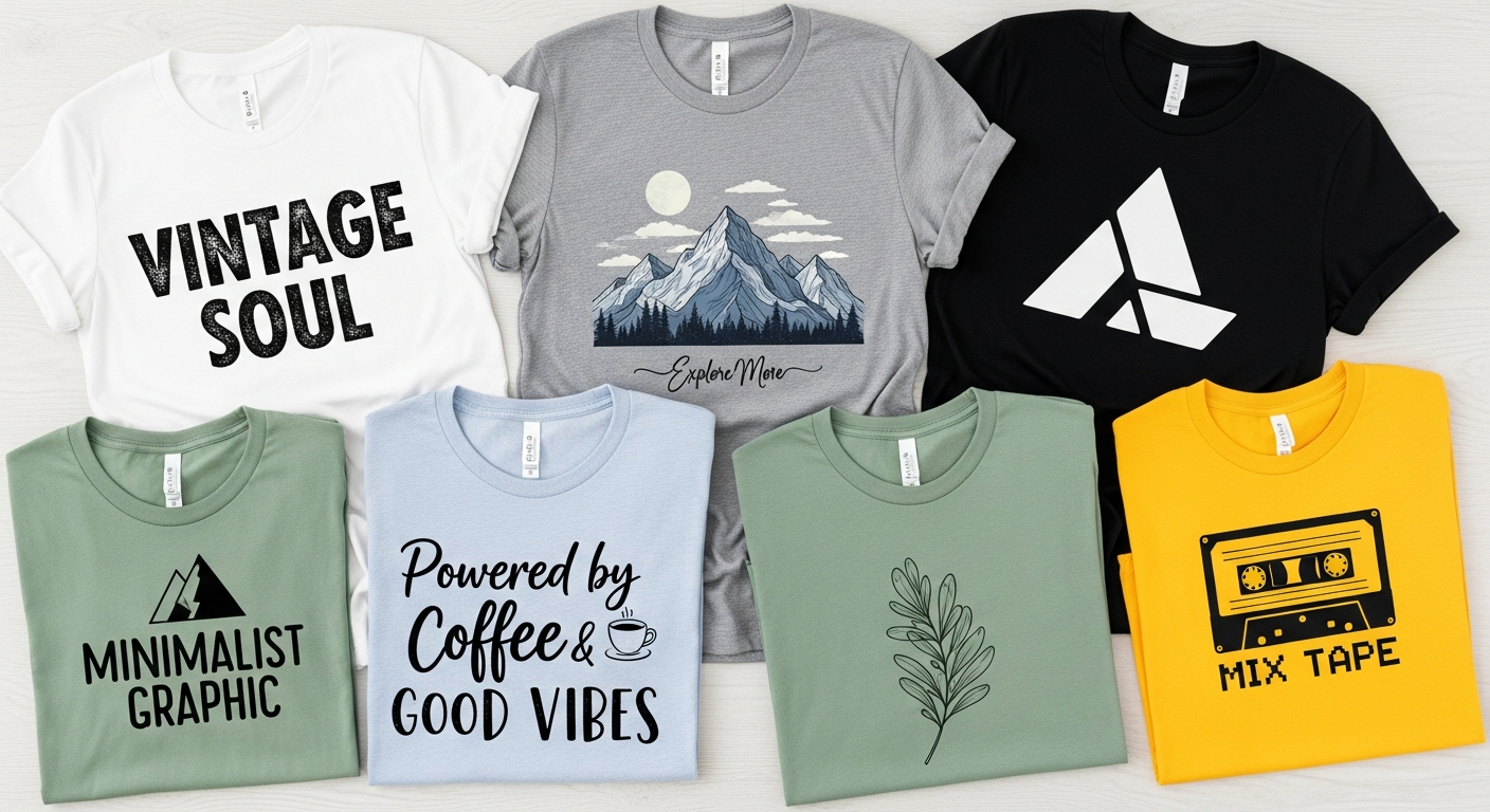 Examples of best-selling t-shirt design styles including typography minimalist and illustration