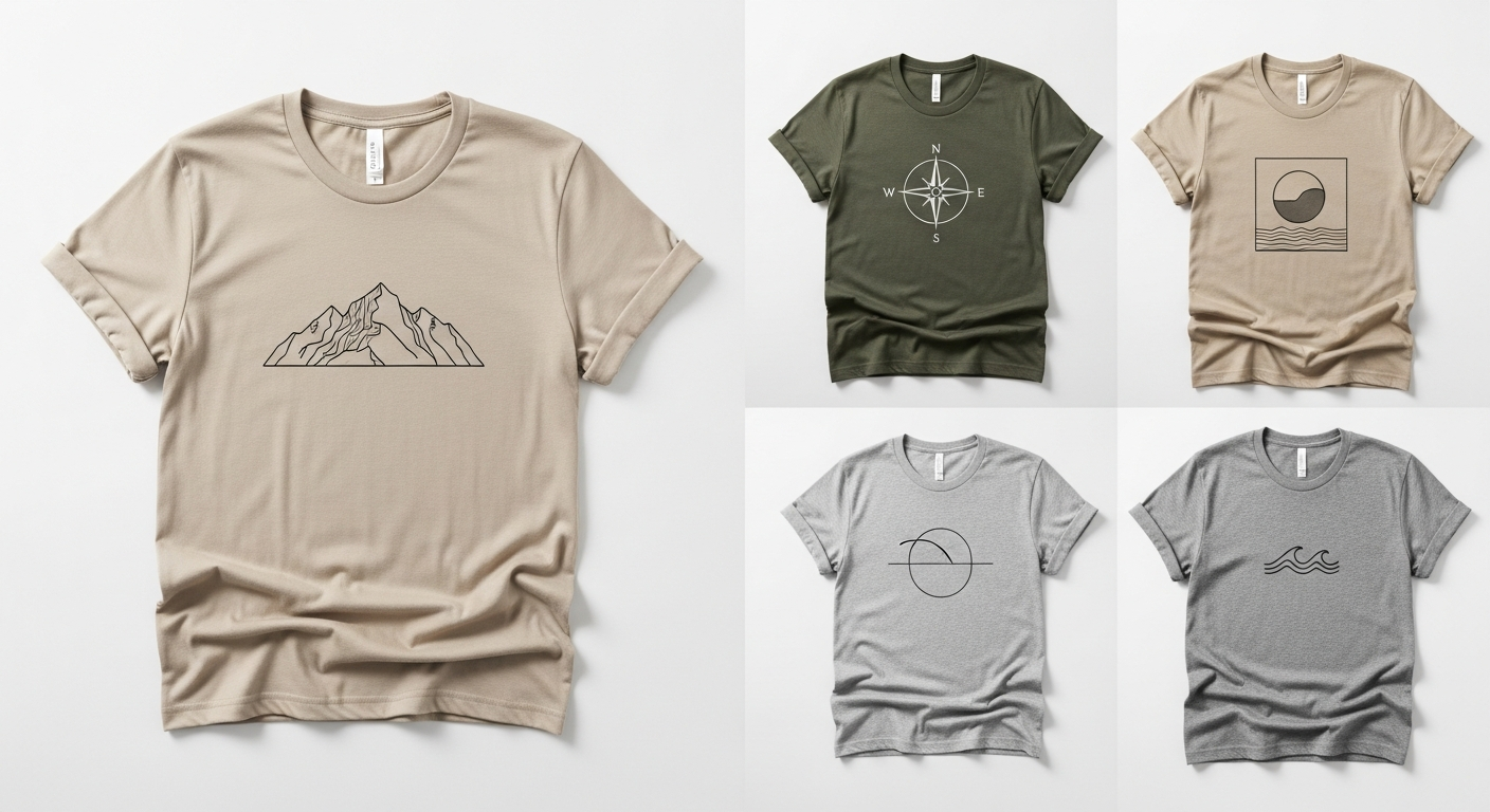 Clean minimalist single color t-shirt designs on neutral garments