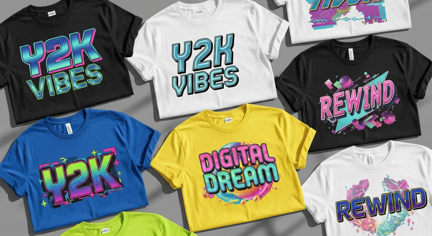 Examples of retro Y2K inspired typography on custom t-shirts