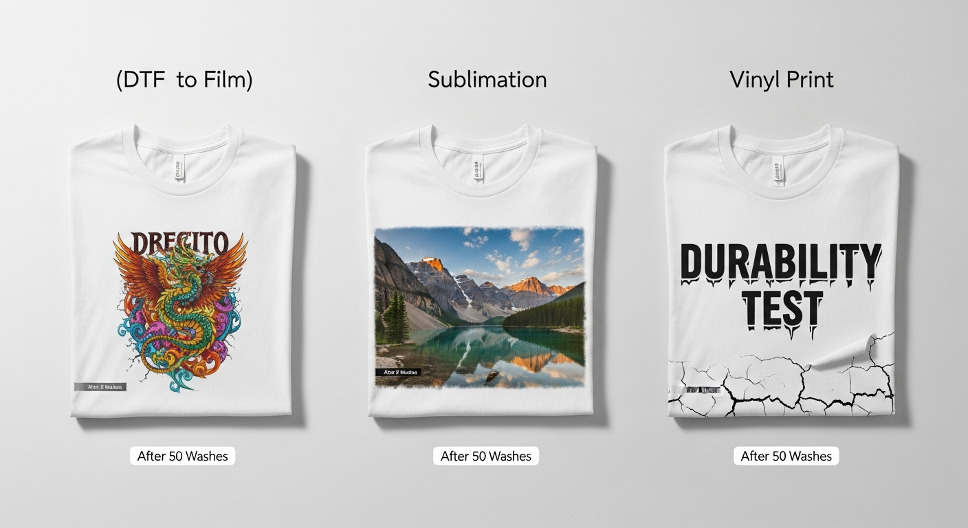 Comparison chart showing DTF sublimation and vinyl printing across durability cost and quality metrics