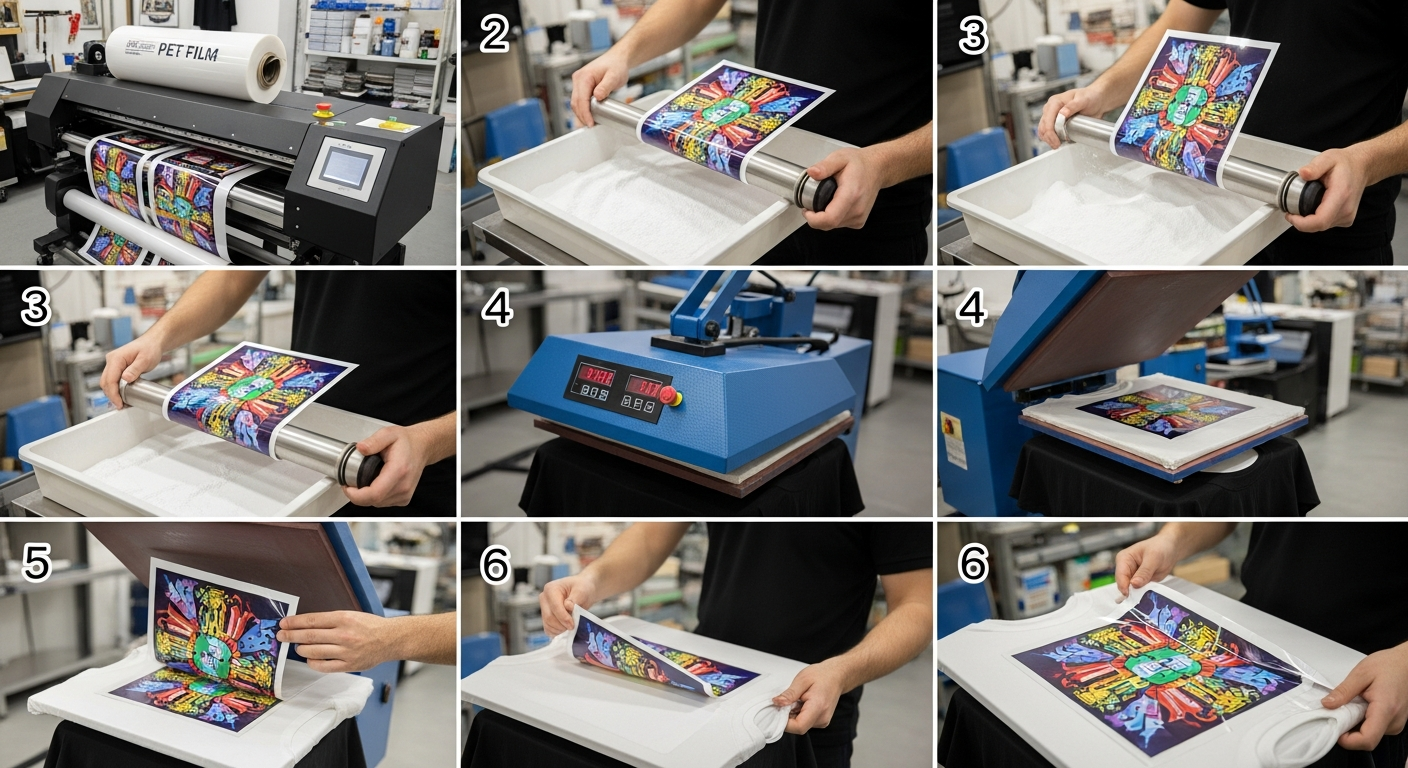 Step by step diagram of the DTF direct to film printing process from design to heat press