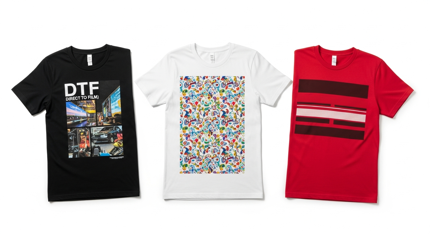 DTF sublimation and vinyl printing samples displayed side by side on custom t-shirts