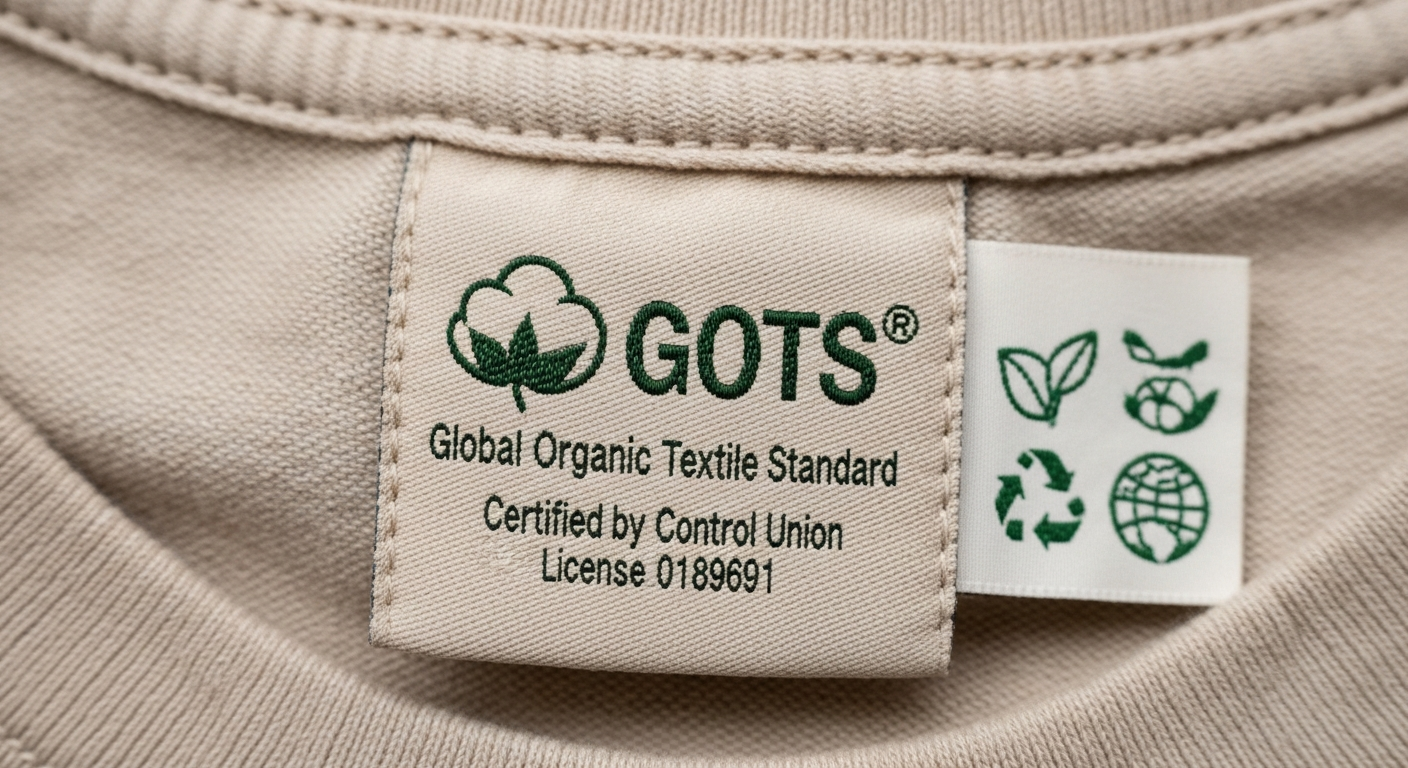 GOTS certified organic cotton label next to organic cotton t-shirts