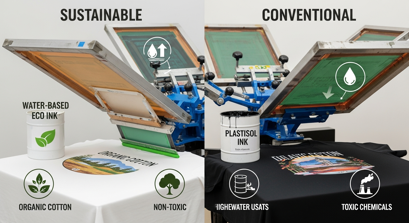 Comparison chart of water-based, plastisol, and discharge inks showing environmental impact