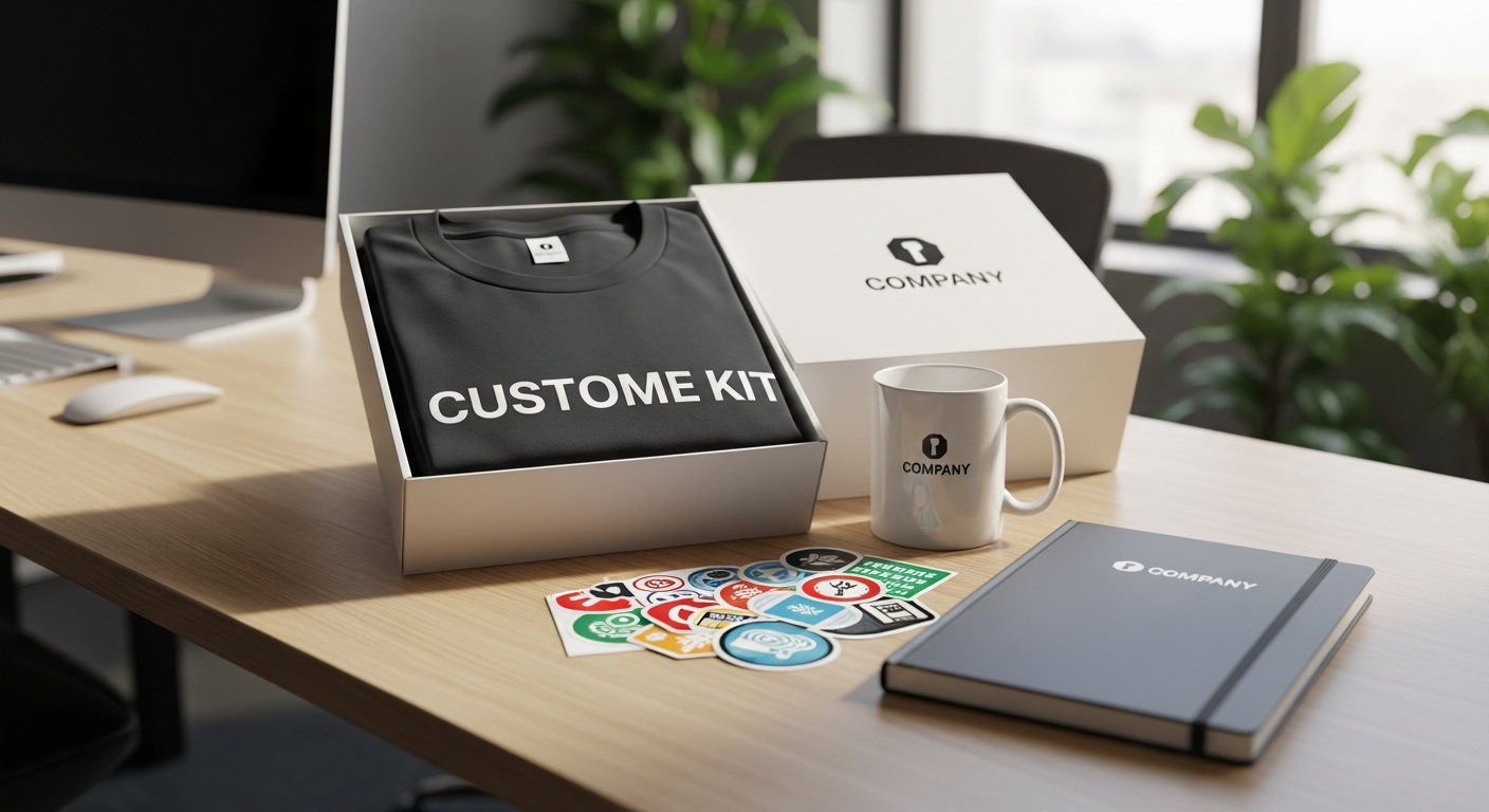 New employee welcome kit with custom branded t-shirt, notebook, and stickers on a desk