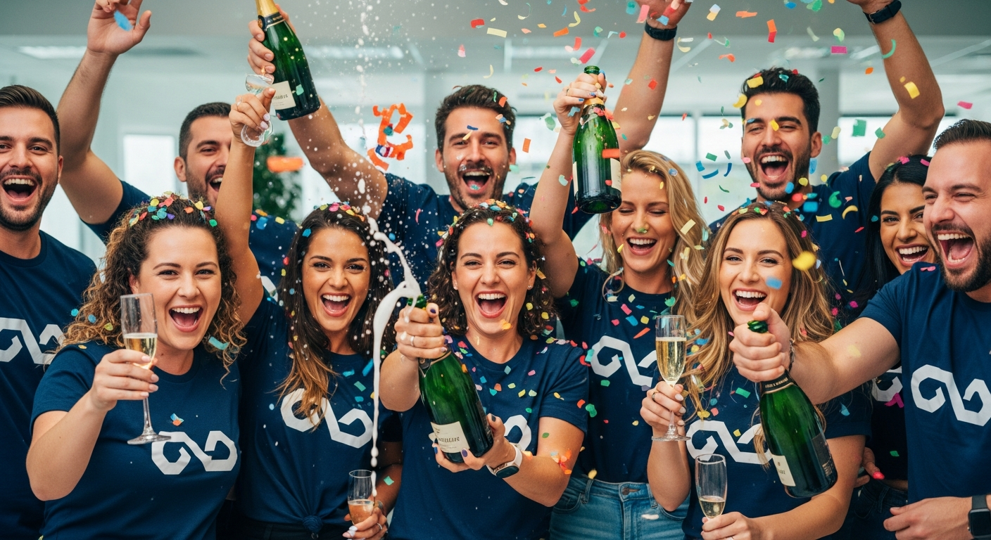 Team celebrating a product launch with matching commemorative custom t-shirts