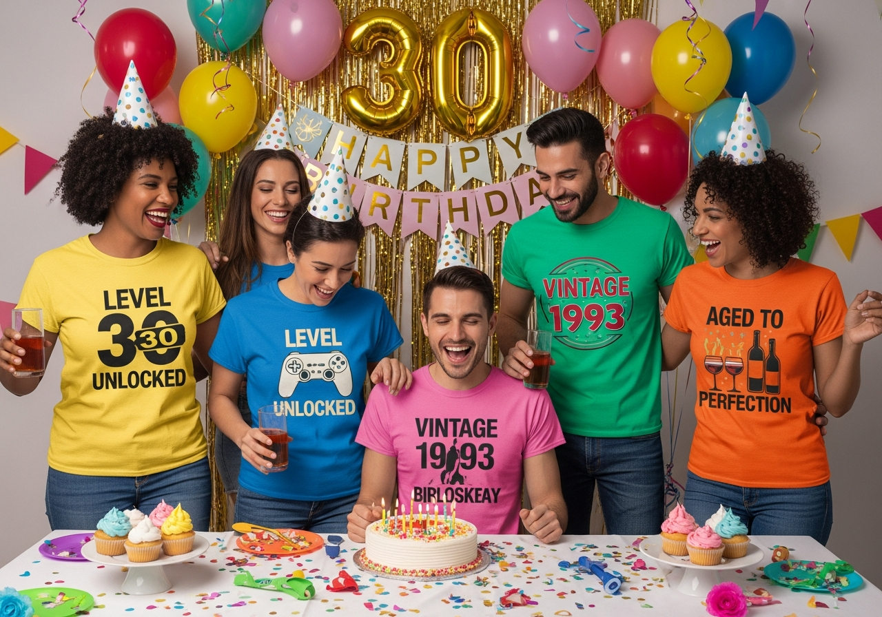 Custom birthday celebration party shirts for milestone birthday events