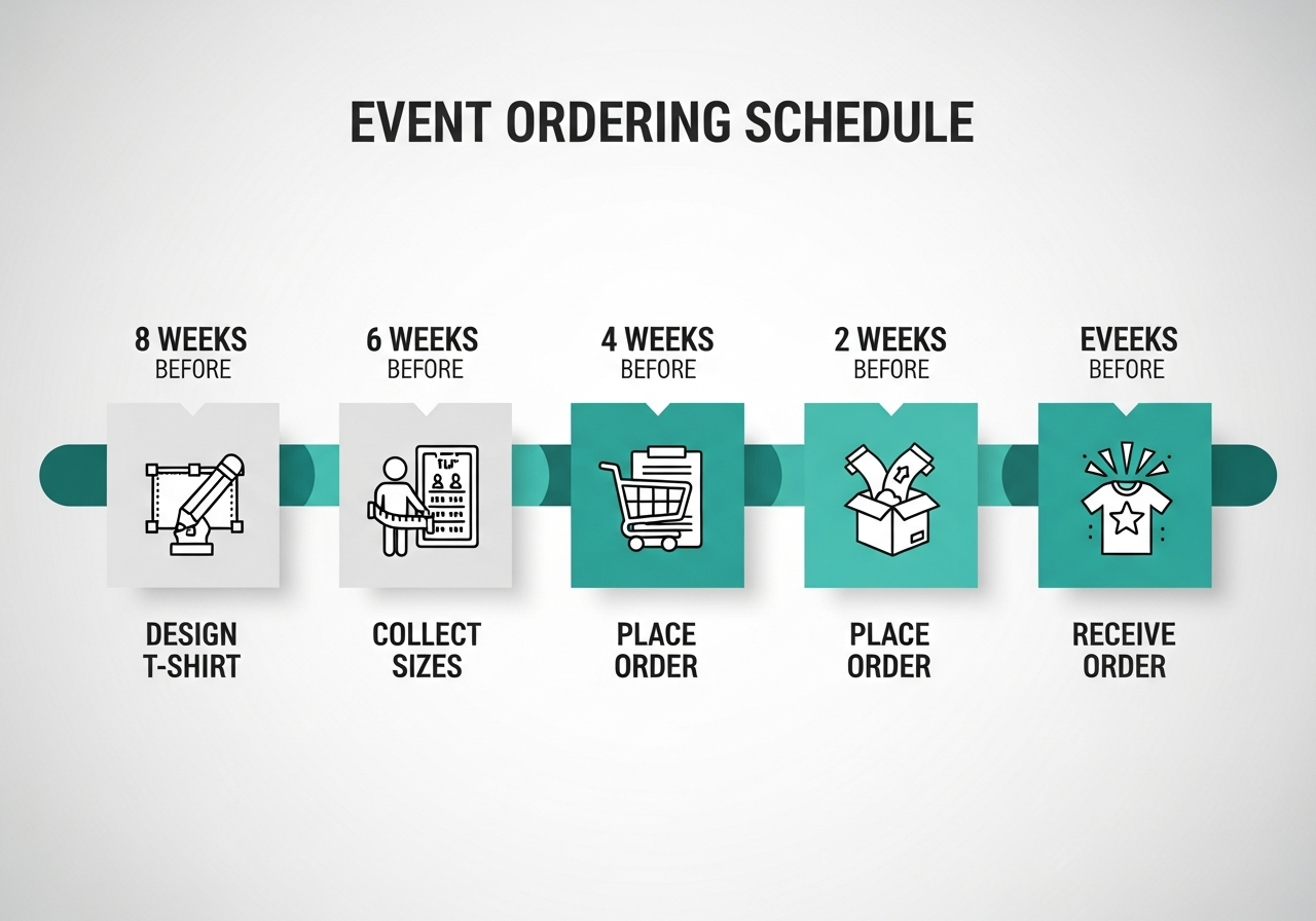 Event t-shirt ordering timeline infographic showing weeks before event milestones