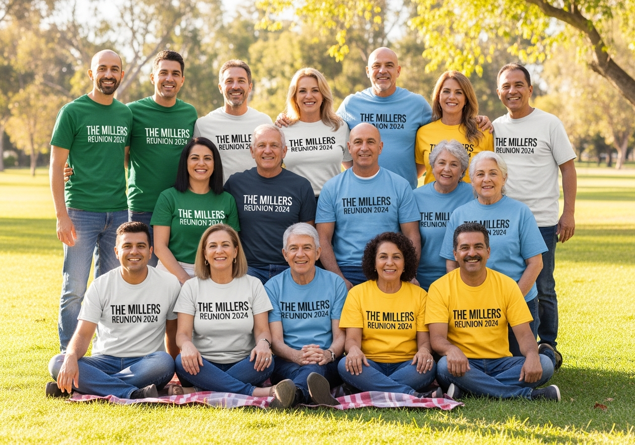 Color-coordinated family group wearing custom shirts organized by family branch