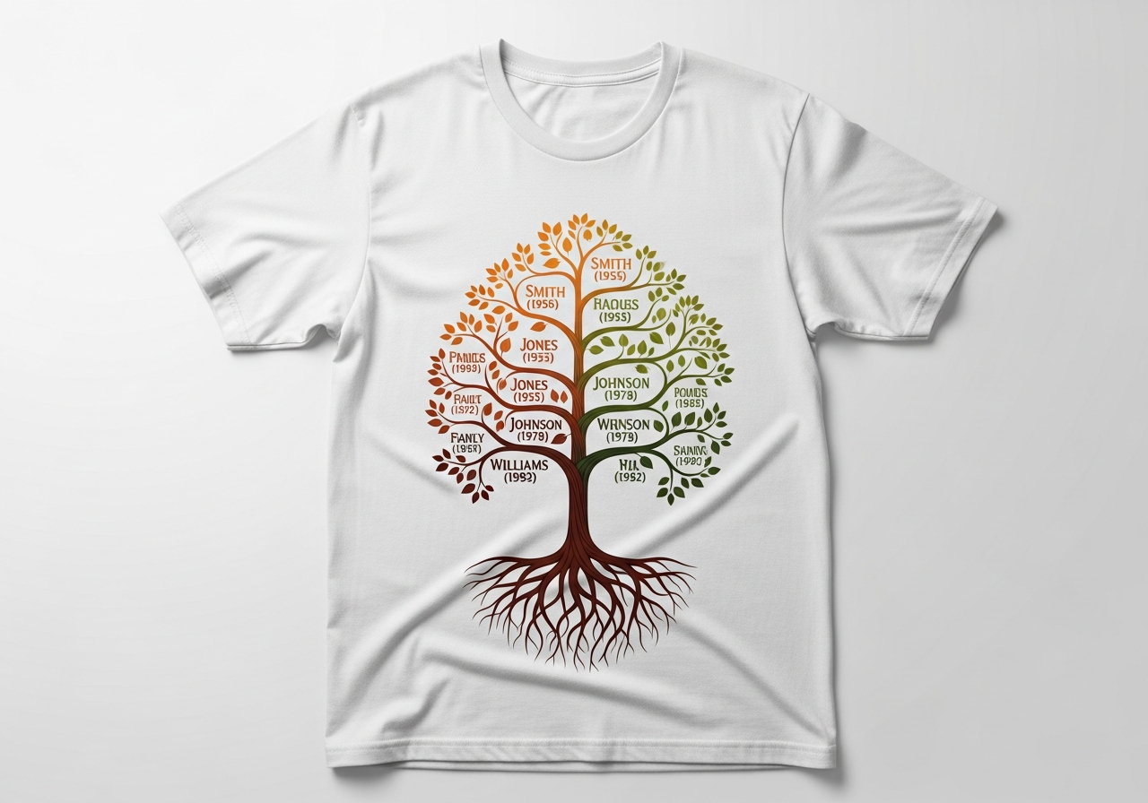Illustrated family tree shirt design with names and birth years on branches