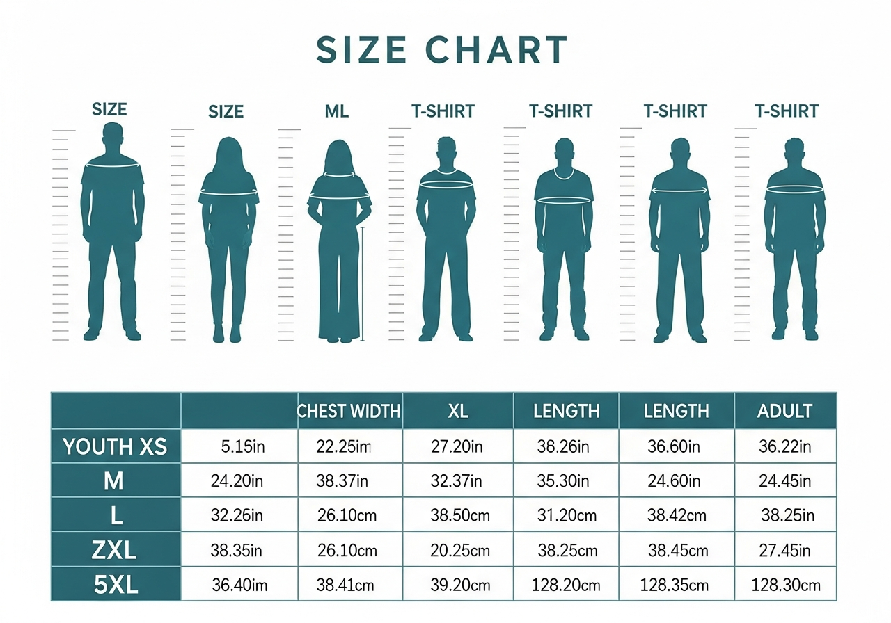 Visual size chart showing the full range from youth to 5XL for family group ordering