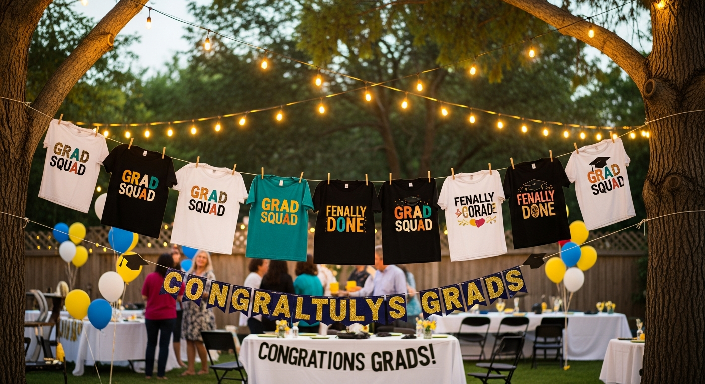Graduation party custom t-shirt designs featuring festive grad party themes and personalized details