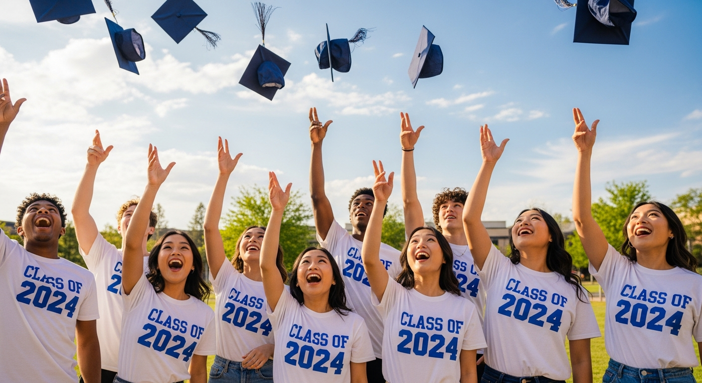 Seniors in custom Class of 2026 t-shirts throwing graduation caps in celebration on campus grounds