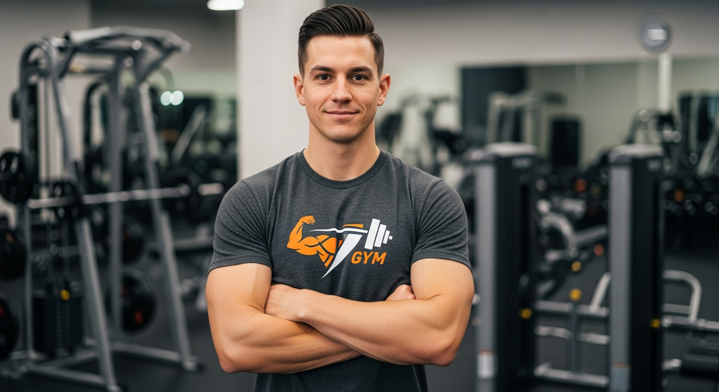 Personal trainer wearing a branded custom fitness t-shirt during a one-on-one training session