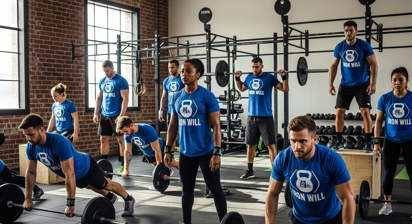 CrossFit team wearing matching custom workout t-shirts during a competitive WOD session