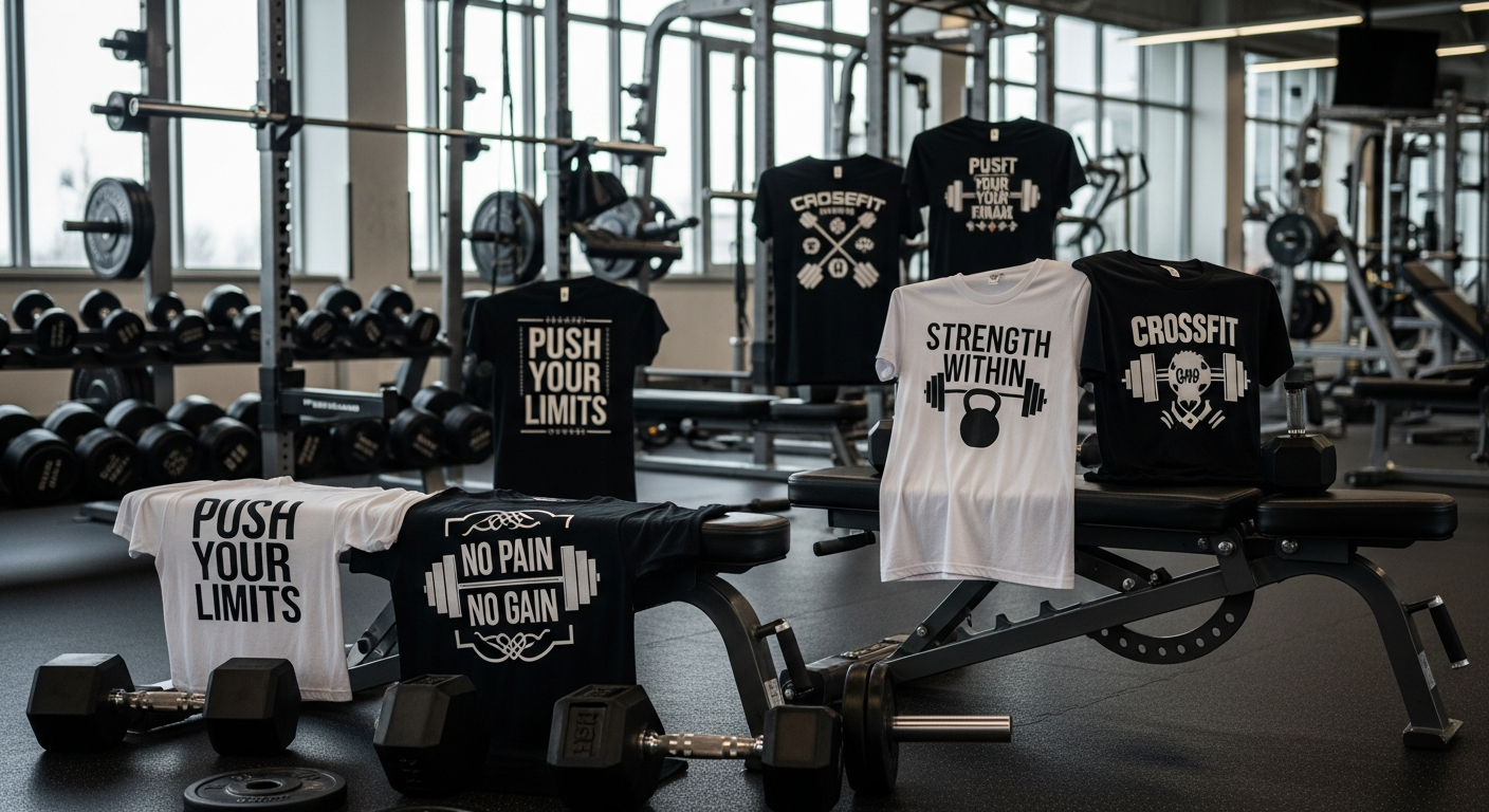 Custom gym fitness t-shirts displayed in a modern CrossFit box with workout equipment in the background