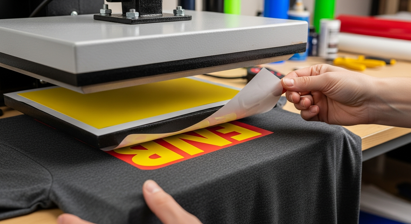 Heat press applying heat transfer vinyl design to a custom t-shirt