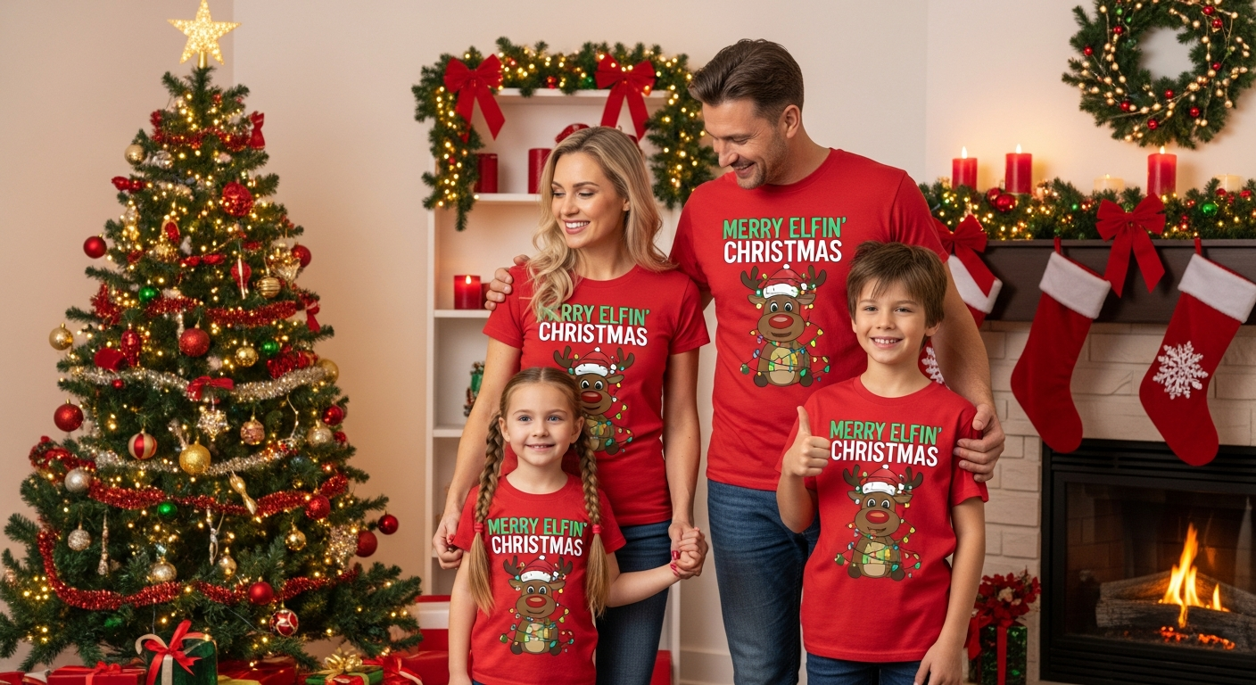 Family wearing matching custom Christmas t-shirts during a festive holiday gathering with decorations
