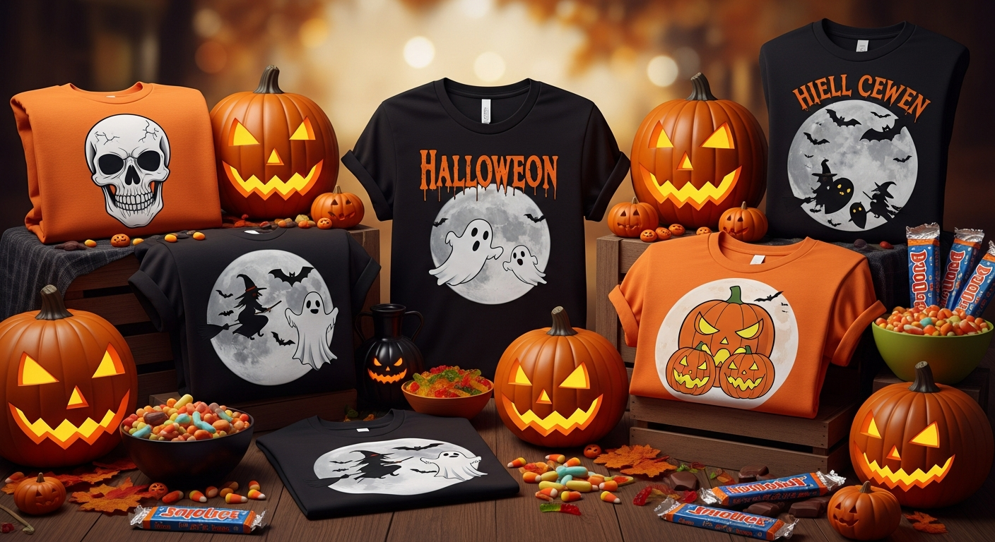 Creative custom Halloween t-shirt designs featuring spooky themed graphics and costume alternatives