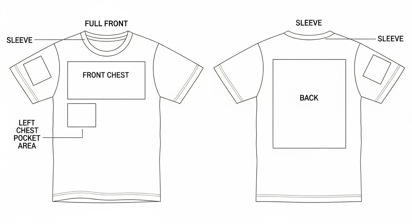 Diagram showing standard print areas on the front, back, and sleeve of a t-shirt