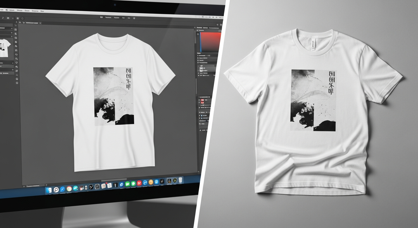 Side-by-side comparison of mockup preview and actual printed custom t-shirt