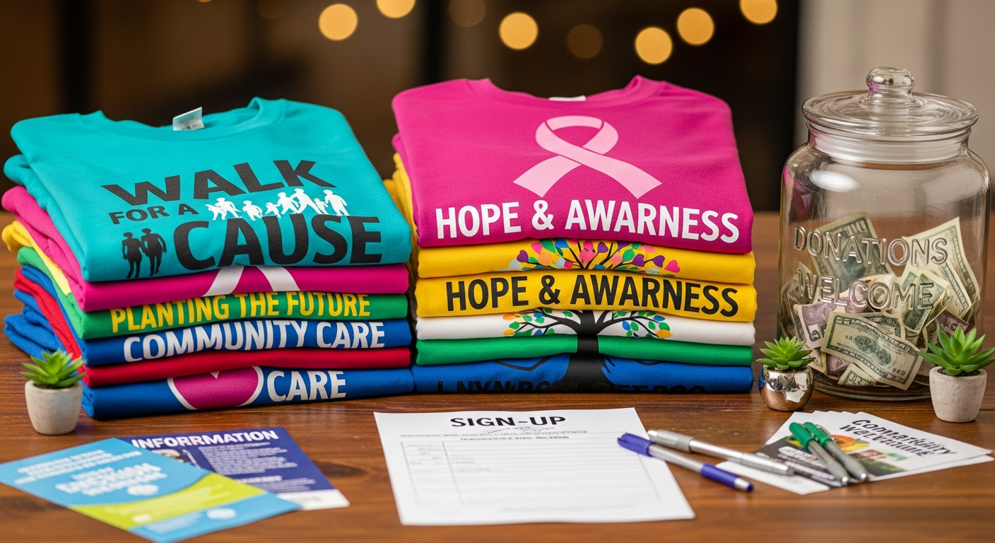 Nonprofit custom t-shirts displayed with fundraising event signage and cause branding