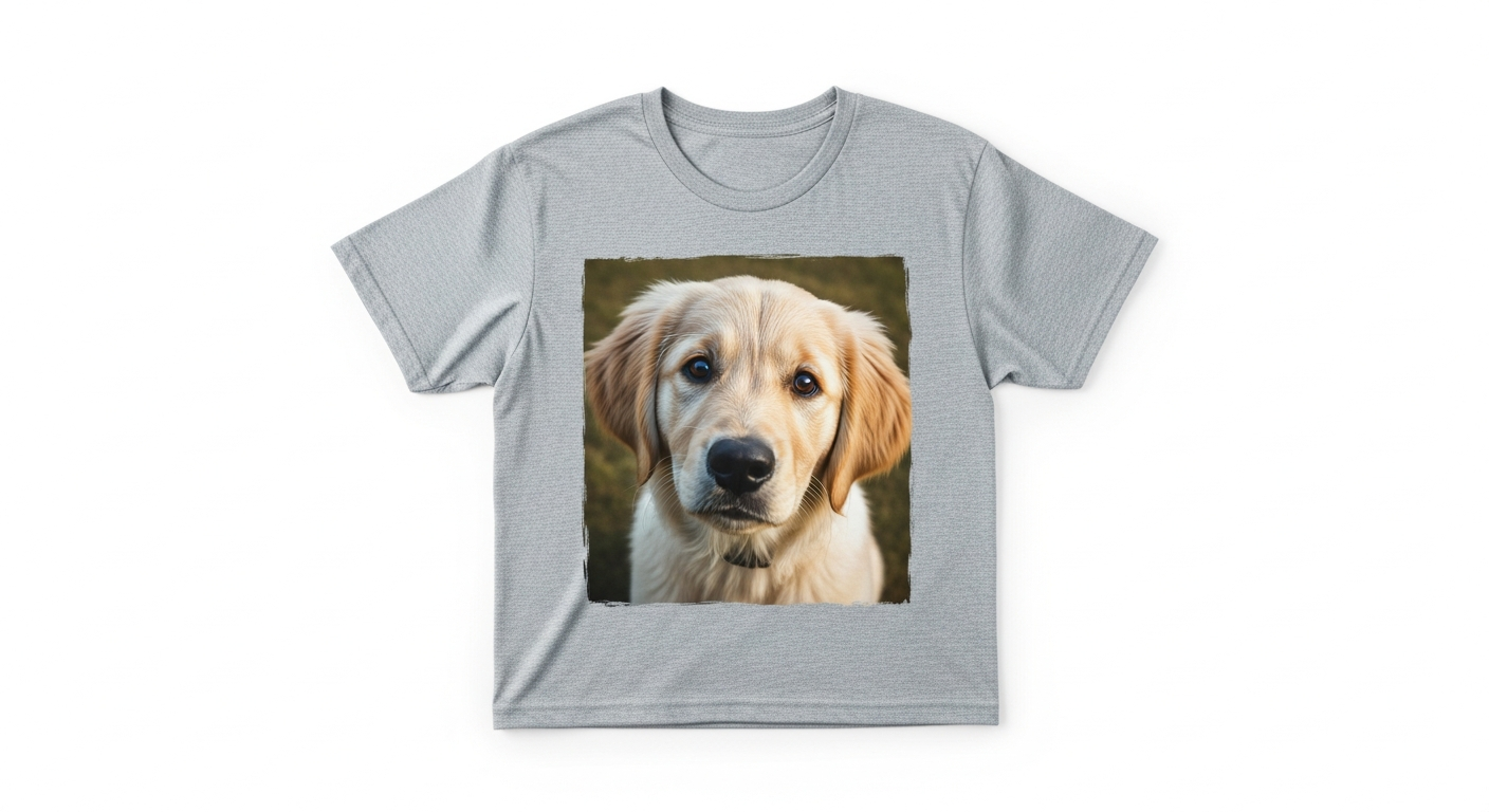 Custom pet photo t-shirt featuring a dog portrait in artistic style on premium apparel