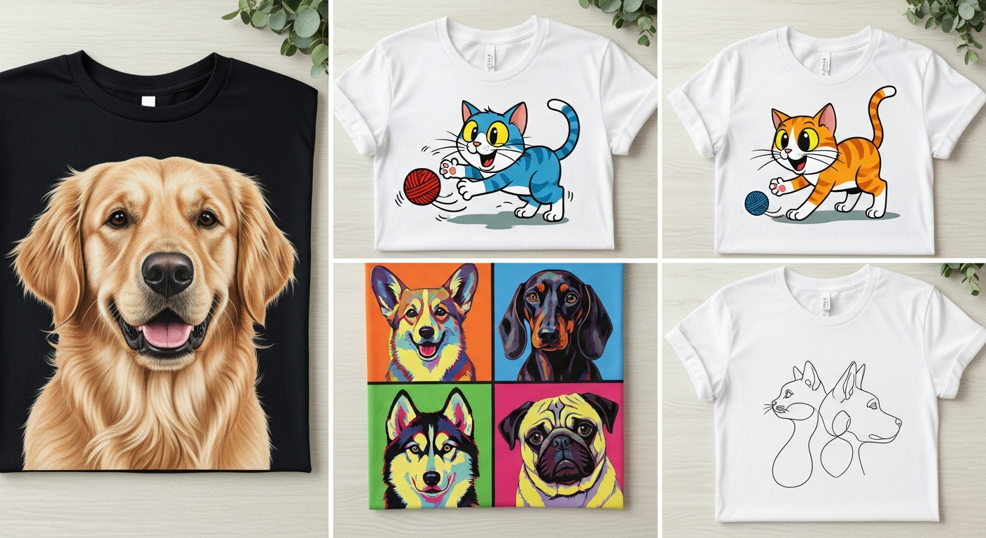 Different pet shirt design styles including realistic photo, cartoon, pop art, line art, and watercolor