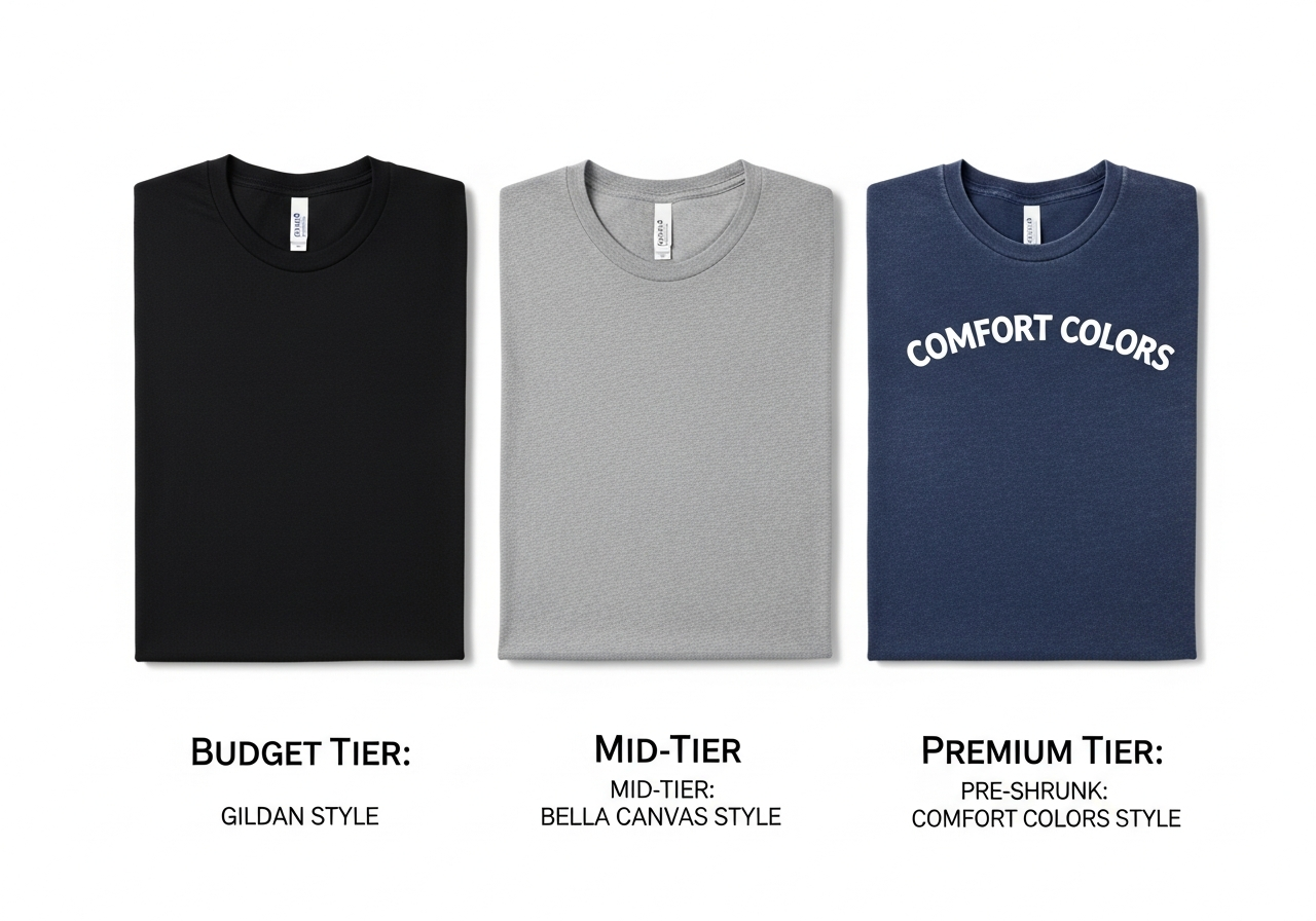 Blank shirt brands price comparison showing Gildan, Bella+Canvas, and premium options