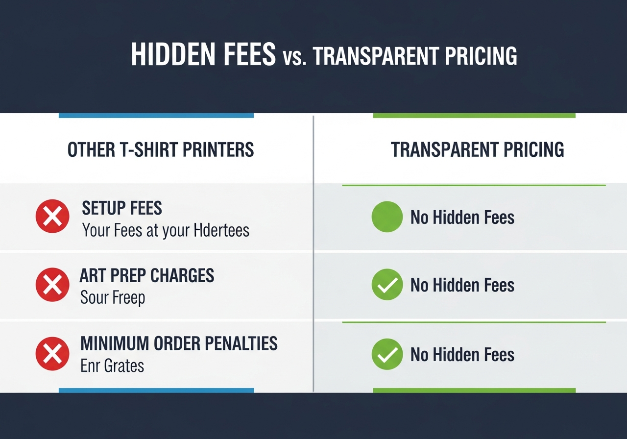 Hidden fees comparison table showing common charges across custom t-shirt providers