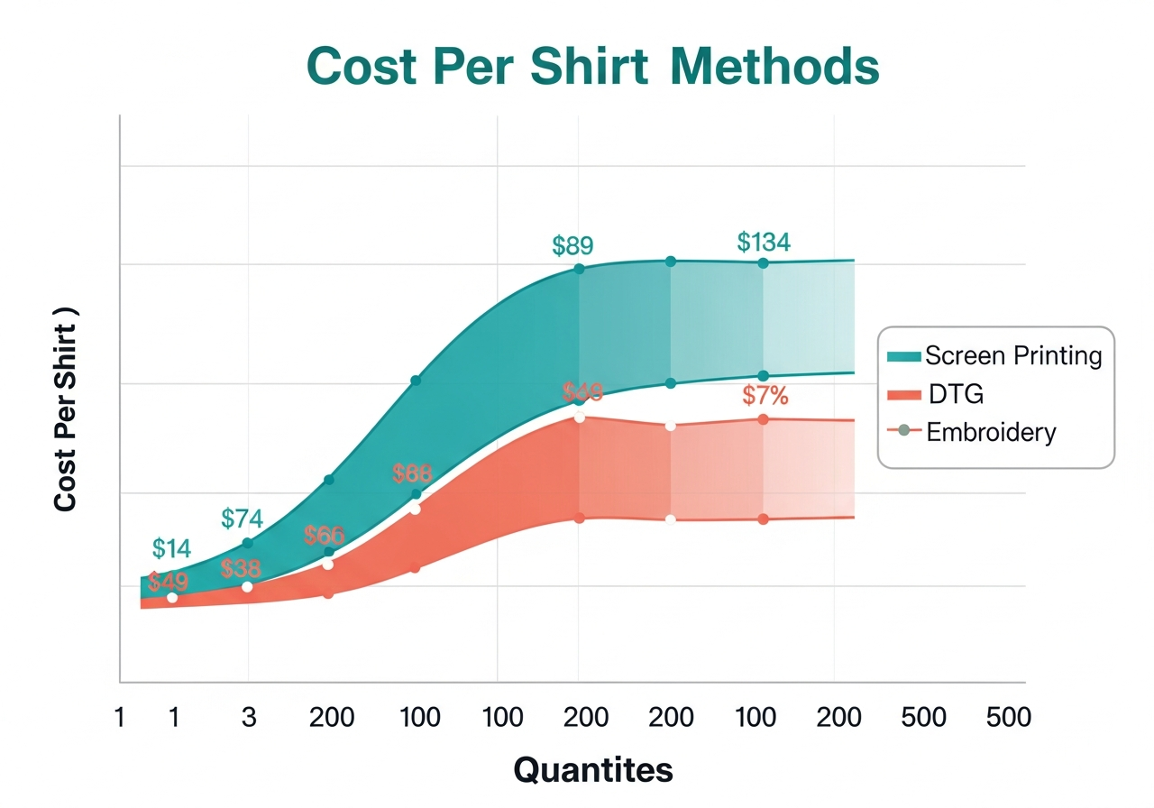 Printing method cost comparison chart showing screen printing, DTG, and embroidery pricing