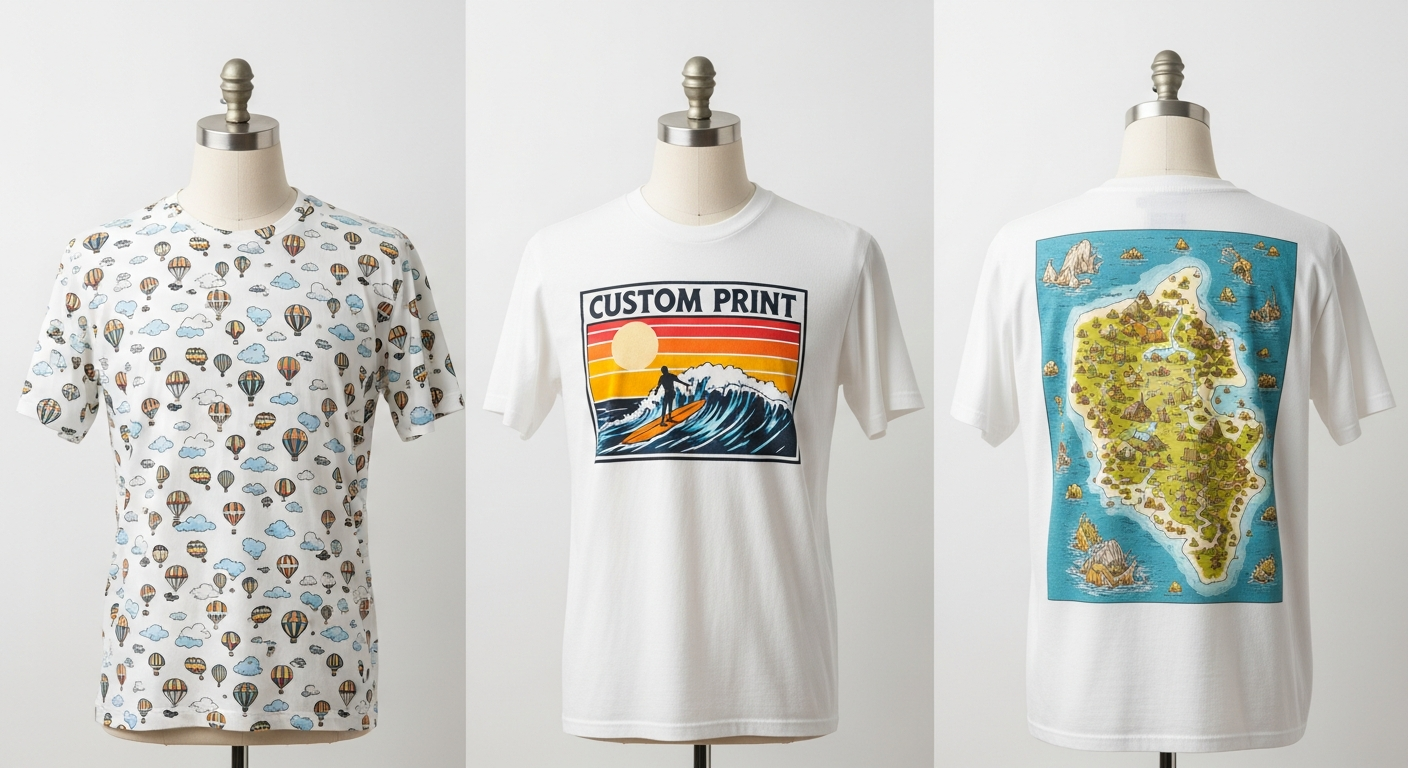 Side-by-side comparison of chest print, back print, and all-over print placement examples