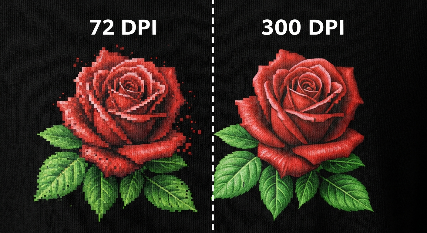 Side-by-side DPI quality comparison showing 72 DPI 150 DPI and 300 DPI t-shirt print results