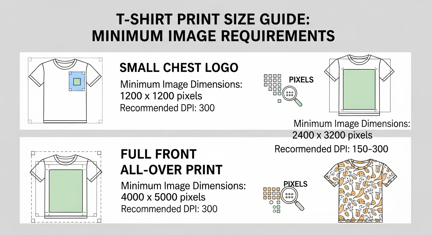 Infographic showing minimum pixel dimensions required for common t-shirt print sizes at 300 DPI