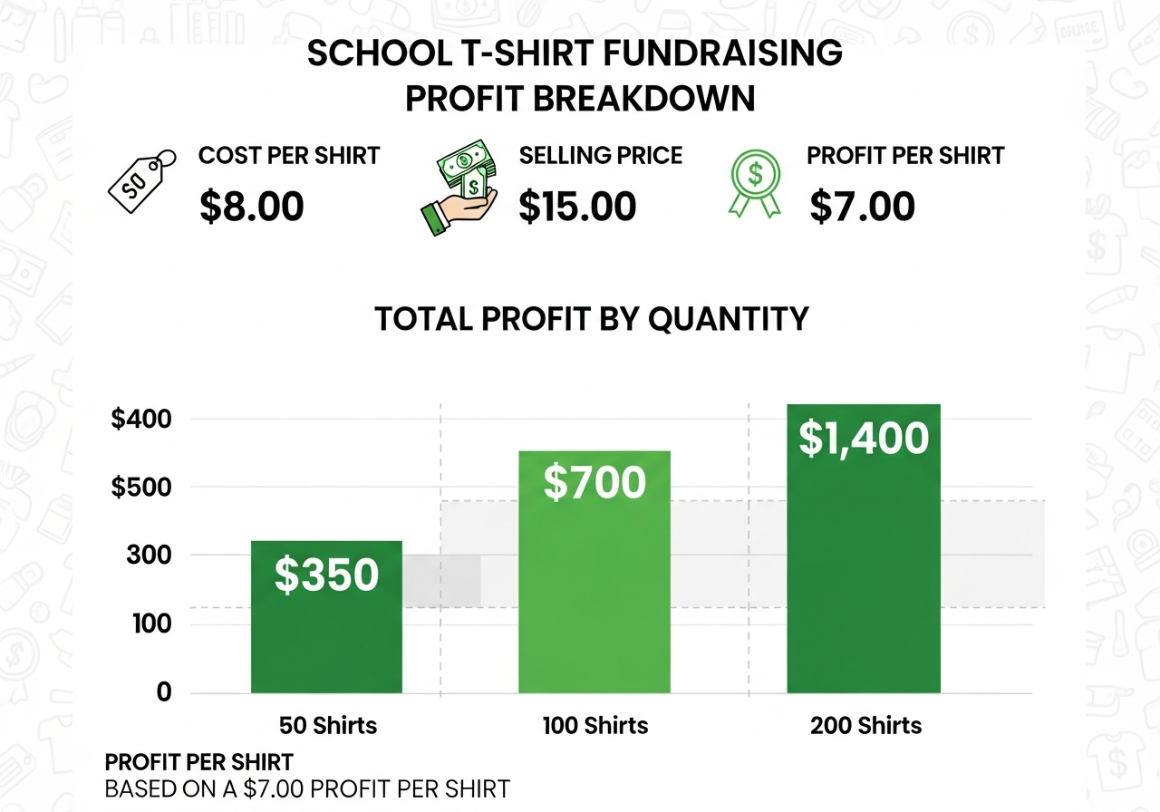 School fundraising profit breakdown showing t-shirt cost, sale price, and profit per shirt