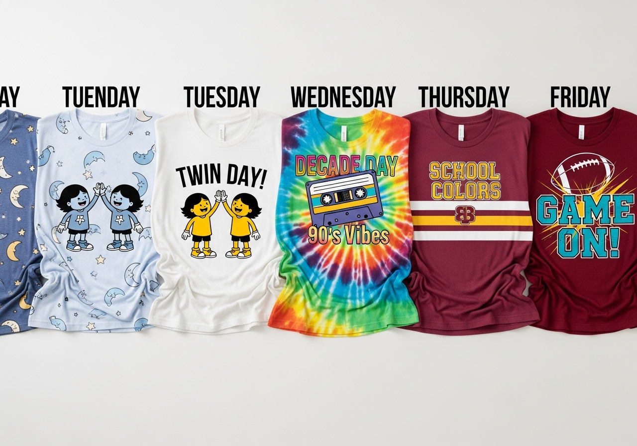 Spirit week daily theme shirts showing different designs for each school day
