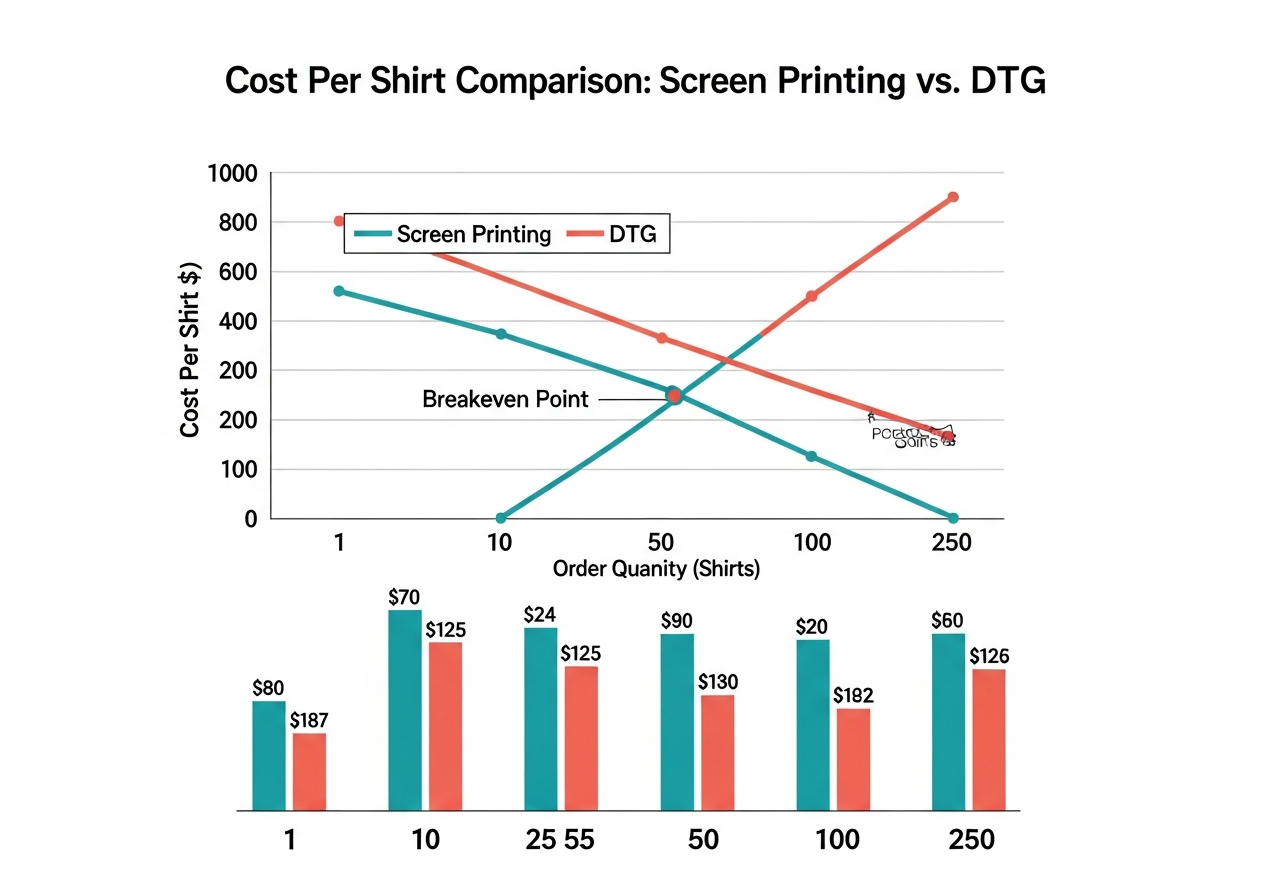 Chart comparing cost per shirt for screen printing vs DTG at different order quantities