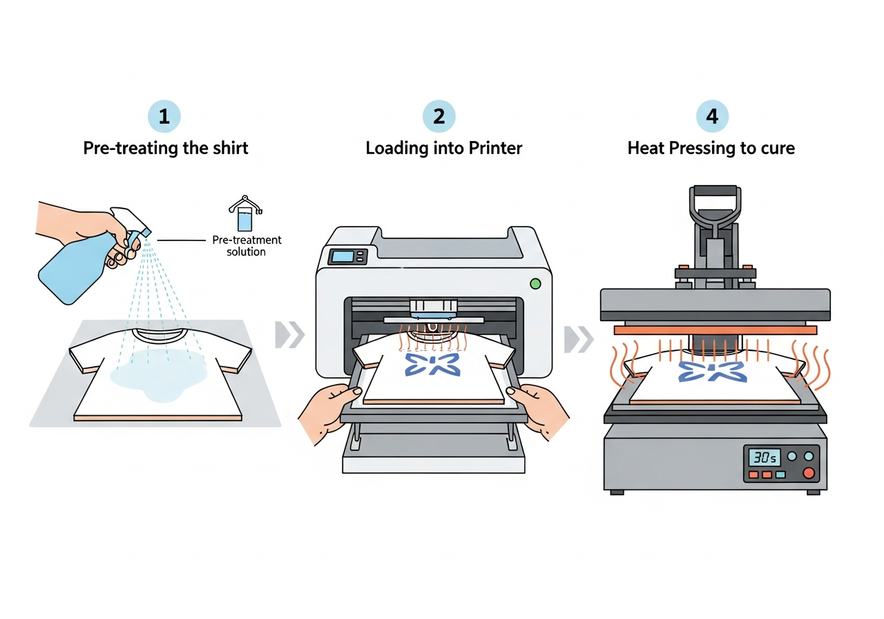 Step-by-step illustration showing the DTG printing process from pre-treatment to final product